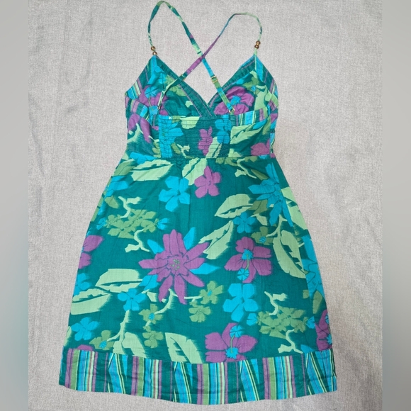 Guess Jeans Mini Dress Green Purple Blue Tropical Floral w/ Stripe Accents Sz 1 - Picture 5 of 14